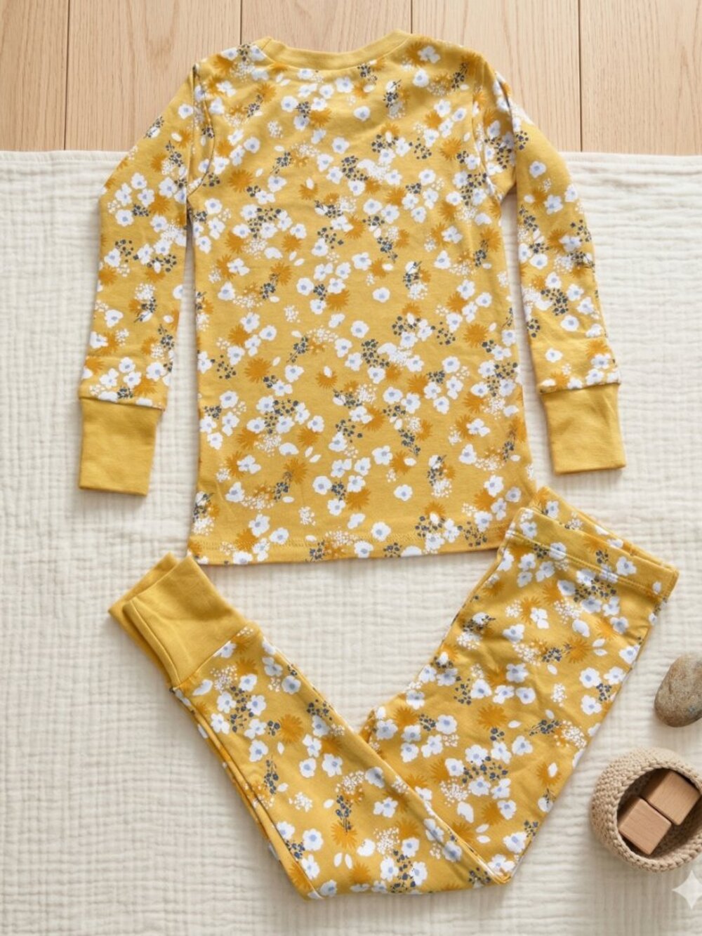 Toddler Girls' Mustard Yellow Floral Pajama Set - Long Sleeve Snug Fit Sleepwear - Picture 2 of 6